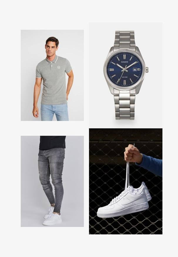 Harmaa polo paita valkoisilla yksityiskohdilla, lyhyillä hihoilla ja pienellä logoprintillä rinnassa. Valmistettu texturoidusta kankaasta, jossa on kaulus ja napit.; Kapeat farkut haalistuneessa harmaassa denimmateriaalissa, joissa on kuluneet yksityiskohdat polvissa, yhdistettyinä valkoisiin lenkkareihin. Suora pinta, kapea leikkaus.; Valkoiset nahkasneakersit, joissa on rei'ityksiä, pyöreä kärki, tasapohja ja paksut nauhat, joissa on näkyvä swoosh-logo ja "AIR" kantapäässä.; Harmaa ruostumaton teräs rannekello, jossa on tummansininen kellotaulu, metalliset tuntimerkit ja päivämääränäyttö kello 3:ssa. Vesitiivis 50 metriin asti.