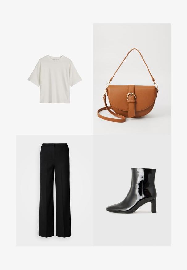 Witte katoenen t-shirt met een ronde hals, korte mouwen en een losse pasvorm. Glad textuur en eenvoudig ontwerp, zonder zichtbare patronen of accenten.; Zwarte wijde broek van een gladde stof, met een hoge taille, nauwkeurig gestikte naden en een minimalistisch ontwerp. Geen zichtbare hardware of zakken.; Zwarte gepolijste leren enkellaars met een spitse neus en een blokhak van gemiddelde hoogte. Glad textuur en minimalistisch ontwerp.; Bruine leren schoudertas met een gebogen vorm, gouden hardware en een gespaccent. Bevat een afneembare schouderriem.