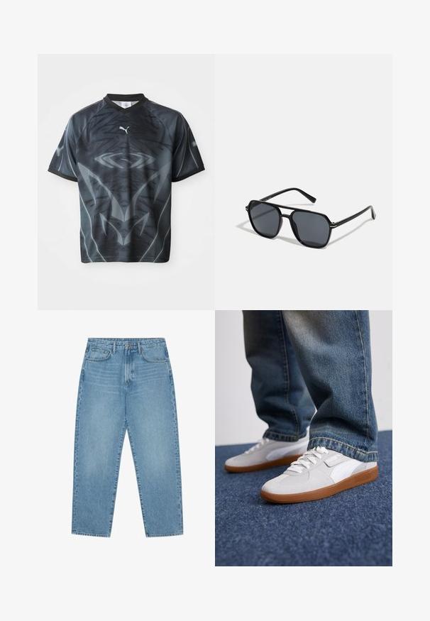 Īsām piedurkņu melns un pelēks sporta krekls ar ciltis līdzīgu rakstu un mazu baltu Puma logotipu priekšpusē.; Gaiši zili denim auduma platgala bikses ar augstu jostasvietu, ar piecām kabatām, jostu cilpām un mīkstu, nedaudz nodilušu tekstūru.; Puma PALERMO UNISEX - Treniņu apavi - white/cool light gray/gold; Melnas saules brilles ar astoņstūra rāmī, tumšiem stikliem, spīdīgu apdari, plānām kājām un zelta akcentiem priekšpusē.