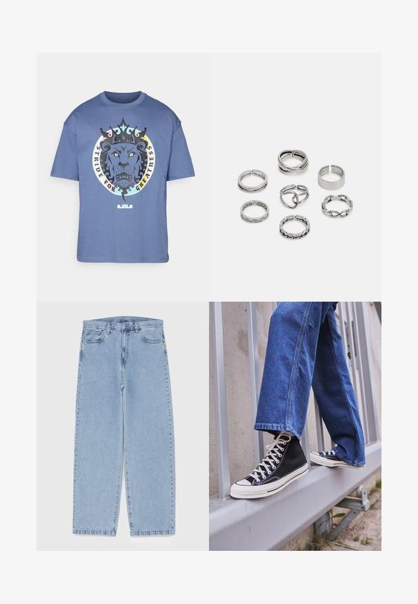 Blå bomulls-T-shirt med ett lejonmotiv med en krona, omgiven av texten "STRIVE FOR GREATNESS." Korta ärmar, avslappnad passform.; Ljusblå denimjeans med rak bendesign, midjehög midja, fem fickor samt knapp- och dragkedjestängning.; Svarta högskurna sneakers med vit sula och snören, tillsammans med lösa blå jeans, vilande på ett grått räcke.; Set med sju silverringar med olika mönster, inklusive vridna, länkade och graverade mönster. Olika former och bredder.