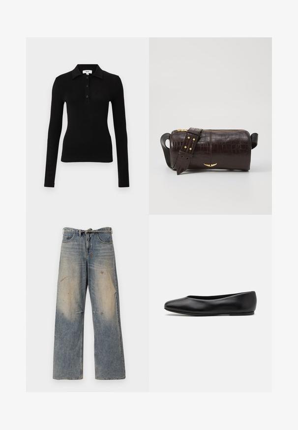 Musta pitkähihaisen poolopaita pehmeästä kankaasta, jossa on kauluksellinen pääntie, napillinen etusuljenta ja istuva, virtaviivainen malli.; Vaaleansinisiä farkkuhousuja, joissa on löysä, suora lahje. Ominaisuuksiin kuuluvat kulutustiedot, haalistuminen ja kuluneet yksityiskohdat polvien lähellä. Klassinen viiden taskun tyyli.; Paul Smith TOPANGA - Ballerinat - black; Ruskea krokotiilinkuosilla varustettu nahkalaukku, jossa on sylinterimäinen muoto, kultasävyiset yksityiskohdat ja irrotettava hihna, jossa on niittejä.