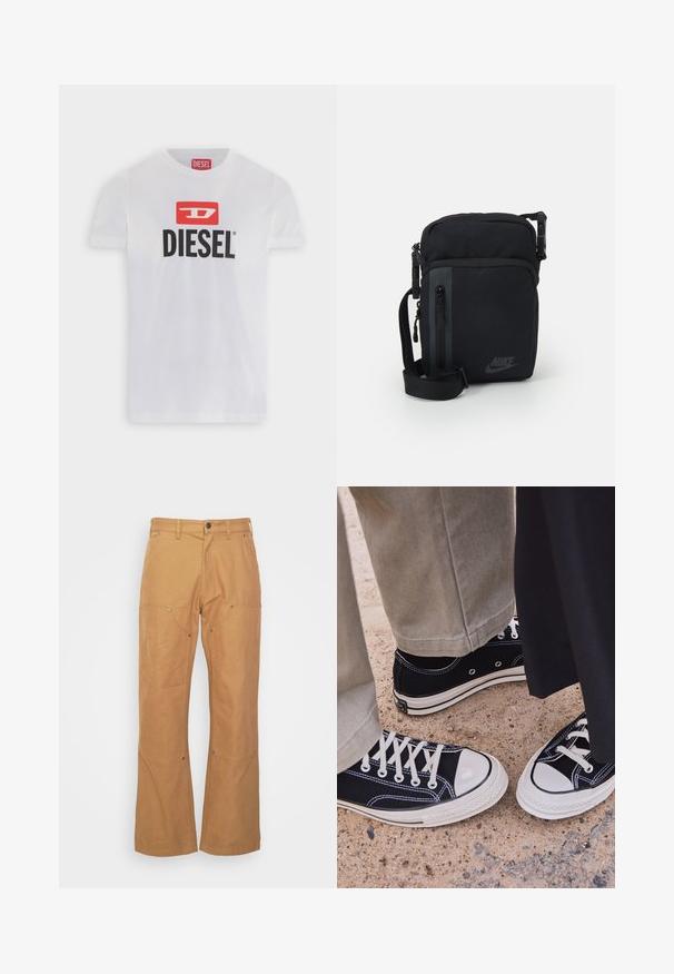 Baltas medvilninis marškinėlis su ryškiu juodu "DIESEL" logotipu, esantį po raudonu stačiakampiu fonu su stilizuota raide "D."; Smėliniai cargo džinsai pagaminti iš tvirto audinio, turintys šonines kišenes, metalinius akcentus, tiesią kelnių liniją ir reguliuojamą liemenį.; Juodi kanvasiniai sportbačiai su baltais gumos pirštais ir virvutėmis. Kontrastingos siūlės ir metaliniai akių laikikliai suteikia detalumą. Dėvimi su smėlio spalvos kelnėmis ir juoda medžiaga.; Juodas nailono kryžminių maišas su užtrauktuko kišenėmis, reguliuojamu diržu ir subtiliu logotipo jungimu priekyje. Lygus tekstūra ir stačiakampis forma.
