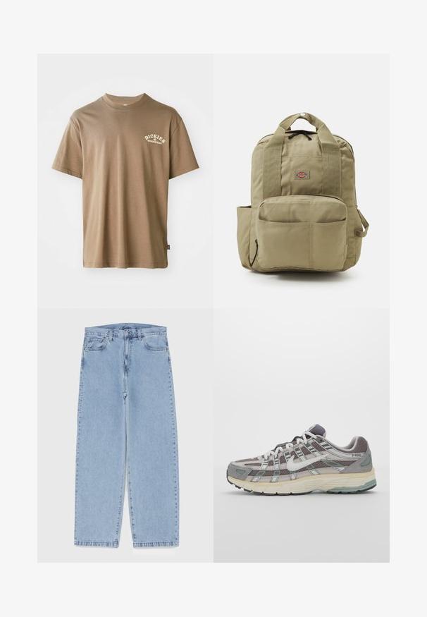 T-shirt de algodão marrom com gola redonda, mangas curtas e um logo branco com a inscrição "Dickies Workwear" na área do peito esquerdo.; Jeans de denim azul claro com design de perna reta, apresentando uma cintura de altura média, cinco bolsos e um fecho de botão e zíper.; Sapatilha atlética cinza com parte superior em malha e camurça, detalhes brancos, sola acolchoada e um design distinto com elementos refletivos.; Mochila caqui com alças almofadadas, bolso frontal e um logótipo redondo. Feita de um tecido durável, apresenta uma pega superior e um bolso lateral.