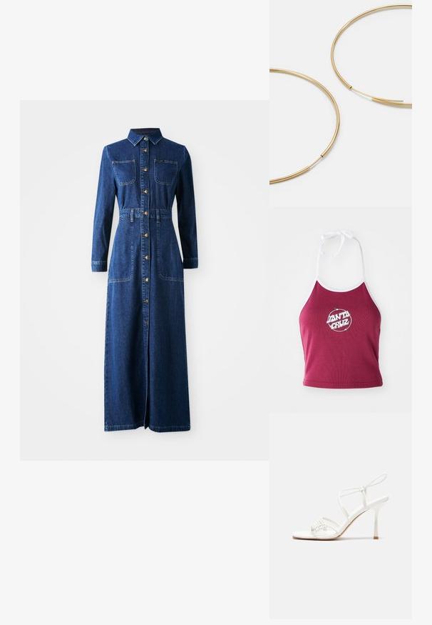 Maroon halter top koji se zaustavlja iznad struka s bijelim obrubom, s kružnim logom na kojem piše "Santa Cruz" u bijeloj boji, izrađen od rebraste pamučne tkanine.; Maksi haljina od traper tkanine s dugim rukavima, šiljastim ovratnikom, dugmadi sprijeda, dva džepa na prsima, suženim strukom i bočnim prorezima za lakše kretanje.; Bijele sandale s visokom potpeticom i trakama, ravno oblikovanim prstima, teksturiranim prednjim dijelom s naboranim detaljima i uskom trakicom oko gležnja.; Zlatne kružne naušnice, tanke i okrugle, s glatkom metalnom površinom bez ukrasa ili uzoraka.