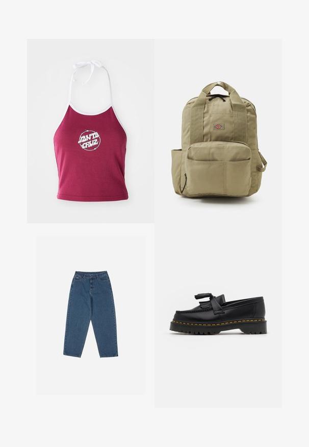 Bordo halter stila topiņš ar baltu apdari, ar apaļu logotipu, kurā rakstīts "Santa Cruz" baltā krāsā, izgatavots no ribota kokvilnas materiāla.; Zilā džinsu auduma bikses ar brīvu piegriezumu, augstu jostasvietu, piecu kabatu dizainu un šuvju akcentiem. Iekļauts pogu un rāvējslēdzēja aizdare.; Melnas ādas mokasīni ar pērlītēm uzsvaru, ar masīvu melnu zoli un dzeltenu šuvumu gar malu. Ar teksturētu apdari.; Kaki mugursoma ar mīkstiem siksniņām, priekšējo kabatu un apaļu logo. Izgatavota no izturīga auduma, aprīkota ar augšējo rokturi un sānu kabatu.