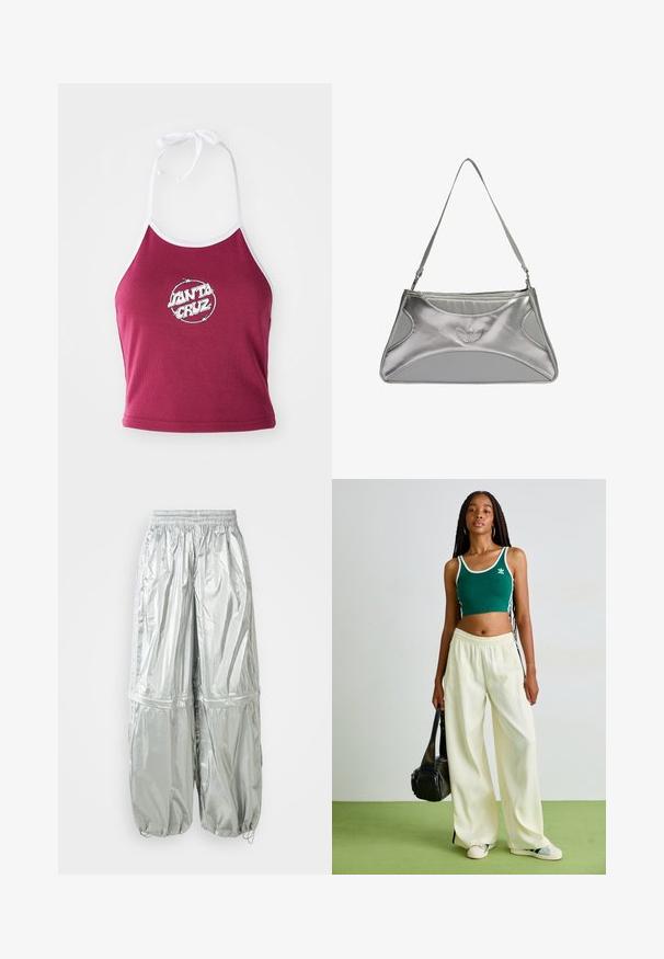 Top corto a halter bordeaux con rifiniture bianche, caratterizzato da un logo circolare con la scritta "Santa Cruz" in bianco, realizzato in un materiale di cotone a costine.; Pantaloni cargo leggeri argento con texture lucida, vita elastica, polsini arricciati e due grandi tasche anteriori.; Top corto verde con bordo bianco, abbinato a pantaloni larghi color crema. Modella tiene una piccola borsa nera. Scarpe da ginnastica semplici.; Borsa a tracolla metallica argento con un design elegante e strutturato, caratterizzata da un corpo texturizzato, una tracolla e un logo in rilievo.