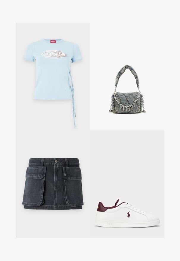 Šviesiai mėlynas trumpas rankovėmis marškinėliai su apvaliu iškirpimu, šoninėmis raištelėmis ir grafiniu spaudiniu, kuriame yra tekstas "www.diesel.com" sidabrine spalva.; Juodas denimo sijonas su prigludusia juosme, mygtukų uždarymu, dviem didelėm priekinių kišenėm ir kontrastinga siuvinėjimo detalė.; Balti odiniai sportbačiai su bordo akcentais, apvaliu priekiniu skyriumi, iškilmingu logotipu ir lygiomis raištelėmis. Textūruotas padas ir lygaus paviršiaus detalės.; Džinsinis rankinės krepšys su siuvinėta raštu, mėlynos spalvos, trumpa pintinė rankena ir sidabrinė grandinėlė su metaliniais prekės ženklo užrašu.