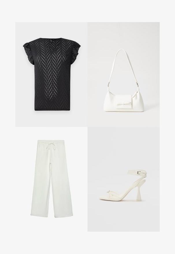 Svart kortärmad topp med V-ringning, med ett perforerat chevronmönster och volangärmar, tillverkad av lättviktig tyg.; Vita vida byxor i mjukt tyg. Har en elastisk midja med dragsko och en slät yta. Inga synliga mönster eller metalldetaljer.; Remmar högklackad sandal i vitt läder med en elegant design, en genomskinlig blockklack och en dekorativ detalj vid tån.; Vit syntetisk handväska med triangulär form, platt framklaff och rosettdetalj, justerbar rem, slät textur och minimalistisk design.