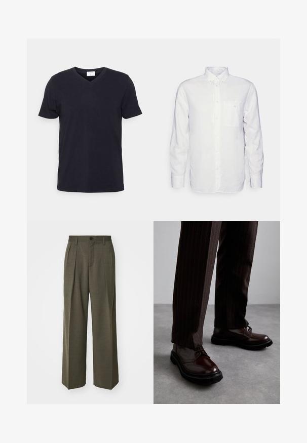 T-shirt preta de decote em V feita de algodão, com mangas curtas e um corte relaxado. Design simples, sem padrões ou acentos adicionais.; Camisa de manga longa branca feita de algodão, com colarinho abotoado, bolso frontal e corte regular. Tecido texturizado com superfície lisa.; Filippa K WIDE TROUSERS - Calças - driftwood; Sapatos de couro castanho com atacadores e um acabamento brilhante, sola de borracha preta e costuras subtis. Usados com calças castanhas à risca.