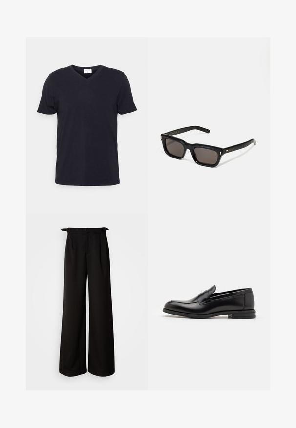 Black v-neck t-shirt made of cotton, featuring short sleeves and a relaxed fit. Simple design, no patterns or additional accents.; Black wide-leg trousers with a high waistband, featuring pleats and tie accents on the sides, made from a smooth, structured fabric.; Black leather loafers with a smooth texture, rounded toe, and a decorative strap across the vamp. Low stacked heel, minimalist design.; Black rectangular sunglasses with dark lenses, thick plastic frame, gold accents on temples, and brand logo engraved on the arm.