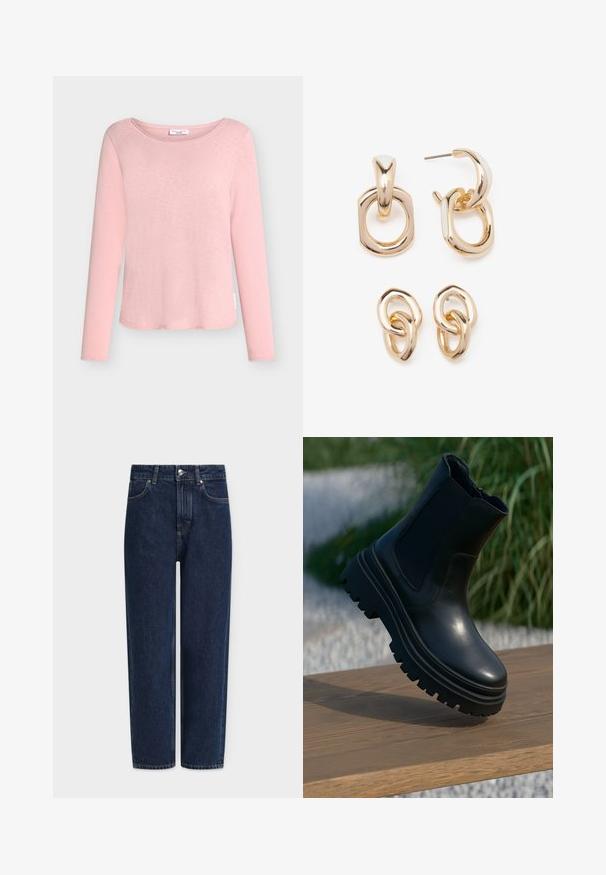 Ljusrosa långärmad topp i mjukt tyg, med rund halsringning och lätt vågig nederkant. Lapp synlig vid sidan.; Mörkblå denimjeans med raka ben, hög midja, silverfärgade detaljer, framfickor och subtila sömnadsdetaljer. Klassisk femficksdesign.; Svart läderankelboots med en kraftig sula, elastiska sidopaneler och en slät yta. Högt designad med kontrasterande mönster på sulan.; Guldtonade örhängen med en blandning av geometriska former: en kvadrat, en cirkel och länkade ovala mönster med en polerad yta.