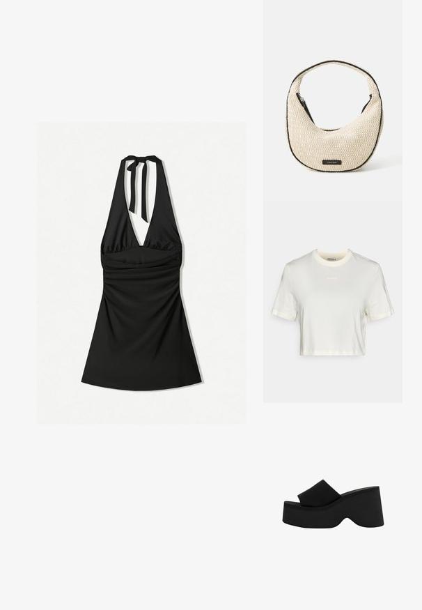 Skrócona biała koszulka z bawełny o gładkiej teksturze, z okrągłym dekoltem i krótkimi rękawami. Logo „BORG” w subtelnym haftcie.; Czarna sukienka na halter z głębokim dekoltem, marszczonym stanikiem i wiązaniem na szyi. Materiał jest gładki i lekko błyszczący.; Czarna platformowa klapka z grubą, zaokrągloną podeszwą i szerokim paskiem. Gładka tekstura, minimalistyczny design i konturowy kształt zapewniający stabilność.; Beżowa torba na ramię o wykroju zakrzywionym z czarnymi wykończeniami. Posiada zamek błyskawiczny na górze oraz naszywkę z logo z przodu.