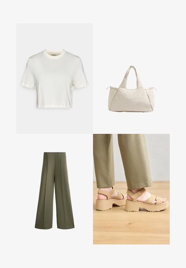 Tricou alb scurt, realizat din bumbac, cu o textură fină, dotat cu decolteu rotund și mâneci scurte. Logo-ul „BORG” este brodat subtil.; Pantaloni largi de culoare verde măsliniu, confecționați dintr-un material moale, cu cusături verticale. Au o talie înaltă și margini cusute pentru un finisaj curat.; Sandale platform din suede bej, cu curele late și o talpă masivă. Au curea ajustabilă la spate și un profil texturat pentru aderență.; Geantă de tote bej matlasată, cu mânere duble, textură moale și închidere cu fermoar pe o parte. Formă simplă, rotunjită și detalii de design minimale.