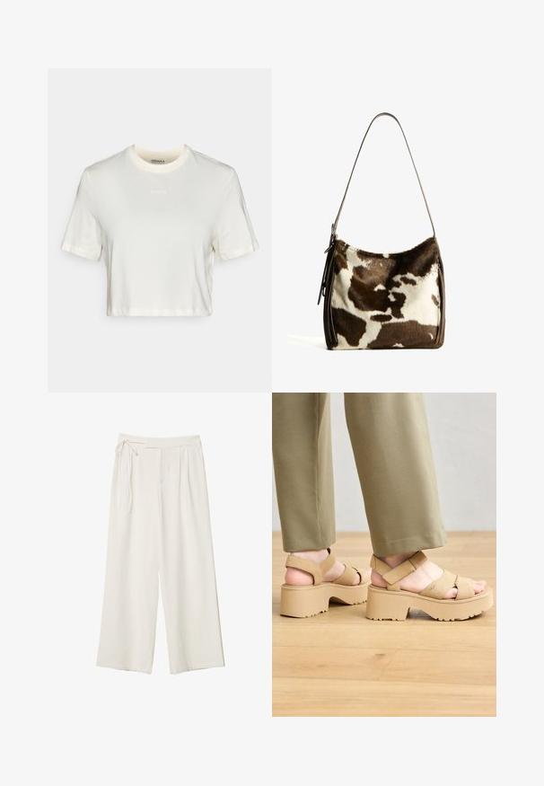 Beskaaret hvid t-shirt lavet af bomuld med en glat tekstur, der har en rund hals og korte ærmer. "BORG" logo i subtil broderi.; Vide ben bukser i off-white stof med en glat tekstur. Har en bundet talje og plisseret front, designet til en afslappet pasform.; Beige ruskindsplatformsandaler med brede stropper og en kraftig sål. Har justerbar bagside-rem og tekstureret sål for godt greb.; Brun og creme farvet koe læder skuldertaske med en glat læderrem, lynlås lukning og en blød, tekstureret overflade med et naturligt mønster.