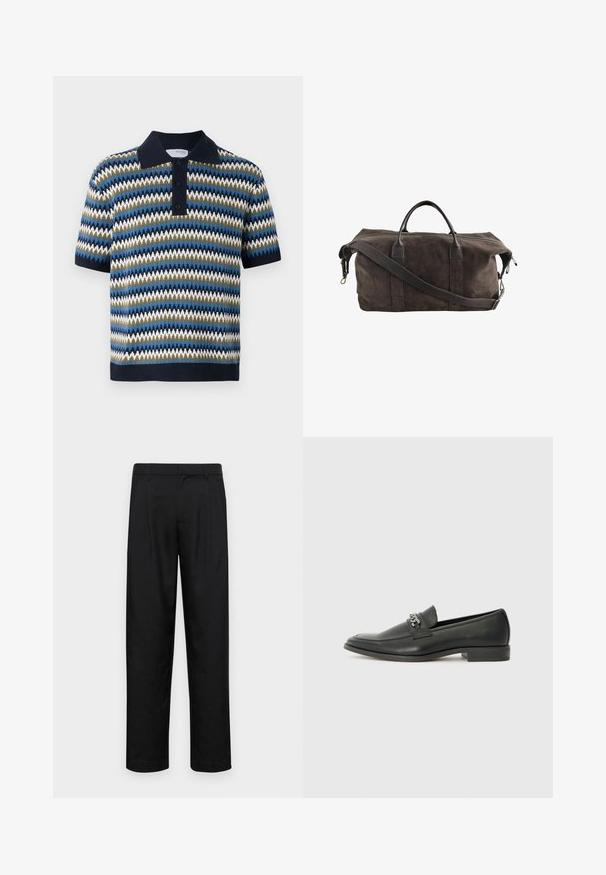 Rövid ujjú poloing, kék, zöld és fehér zigzag mintával. Tengerészkék gallérral és három gombos záródással rendelkezik. Kötött textúra.; Fekete nadrág sima anyagból, egyenes szárú fazonnal, két elülső redővel és közönséges derékkal, övhurkokkal.; Fekete bőr loaferek sima felülettel, varrott mintával és díszítő fém lánccal a cipő elején. Lapos sarok.; Sötétbarna velúr sporttáska bőr fogantyúkkal és állítható vállpánttal, tetején cipzárral záródik.