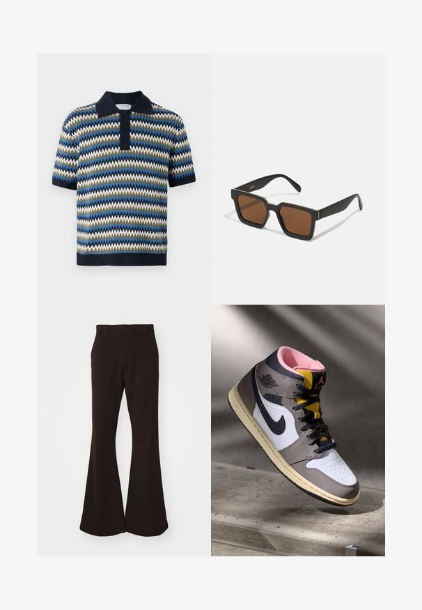 Trumpas rankovės polo marškinėliai su zigzago raštu mėlynos, žalios ir baltos spalvų. Savybės - tamsiai mėlynas apykaklė ir trijų mygtukų užsegimas. Megzta tekstūra.; Rudos plačiais žibintais kelnes, pagamintas iš lygios audinio, su diržo kilpam, šoniniais kišenėmis ir plačiu kojų atidarymu.; Balti Nike Air Jordan aukšti sportbačiai balta, pilka ir juoda spalva su rožine vidine dalimi ir geltonu liežuvėliu, padėti ant betono paviršiaus.; Juodos kvadratinės saulės akinius su rudais stiklai, turintys matinį paviršių ir auksinius akcentus ant rėmelio. Dizainas yra kampuotas su plačiomis rankenomis.; Casio stačiakampis laikrodis su baltu ciferblatu, auksiniais akcentais, romėniškais skaičiais ir rudą krokodilo odos rašto dirželiu. Atsparus vandeniui.