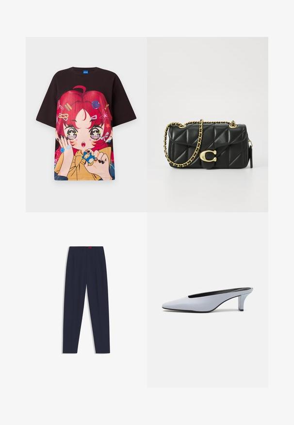 Sort oversized t-shirt med et levende grafisk motiv af en karakter med rødt hår, stjerner og farverige accessories. Korte ærmer, rund hals.; Mørkeblå skræddersyede bukser med en glat tekstur, der har forkantede folder og sidelommer. Lige ben design uden synlige udsmykninger.; Lys blå patentlæder mule med spids tå, lav gennemsigtig hæl og et elegant design med udskæring ved vamps.; Sort quiltet læder håndtaske med en guldkæde skulderrem og en drejeklap med et cirkulært dekorativt element. Kompakt rektangulær facon.