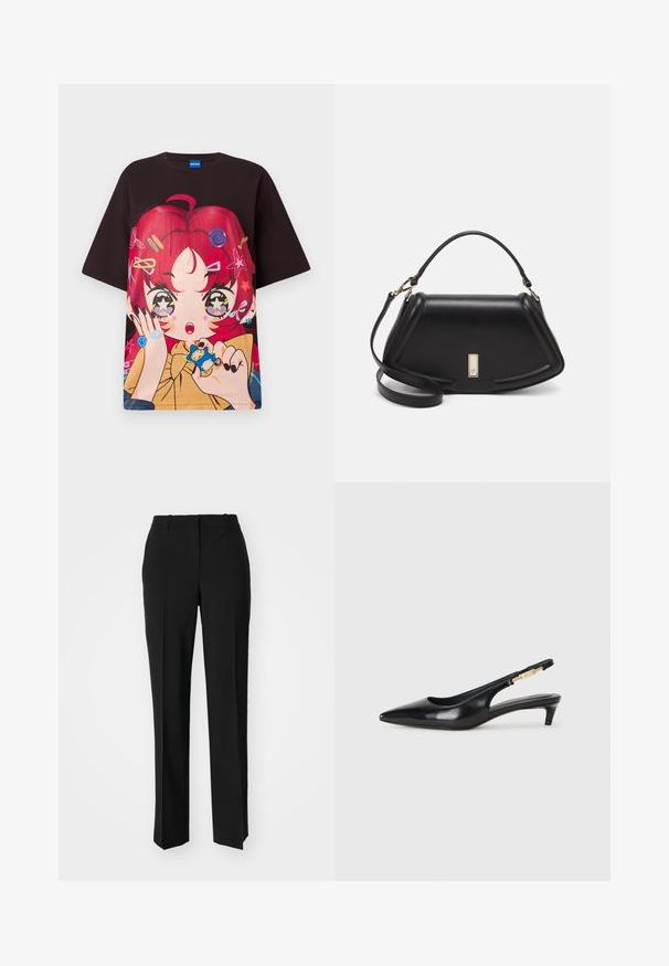 Black oversized t-shirt featuring a vibrant graphic of a character with red hair, stars, and colorful accessories. Short sleeves, crew neck.; Black tailored trousers with a straight-leg design, featuring a smooth texture and crisp creases along the front. No visible hardware.; Black leather slingback heels with a pointed toe, featuring a slim heel and a gold-tone accent on the adjustable strap. Smooth texture.; Black leather handbag with a structured design, featuring a cropped shape, top handle, and gold hardware accent. Adjustable shoulder strap included.
