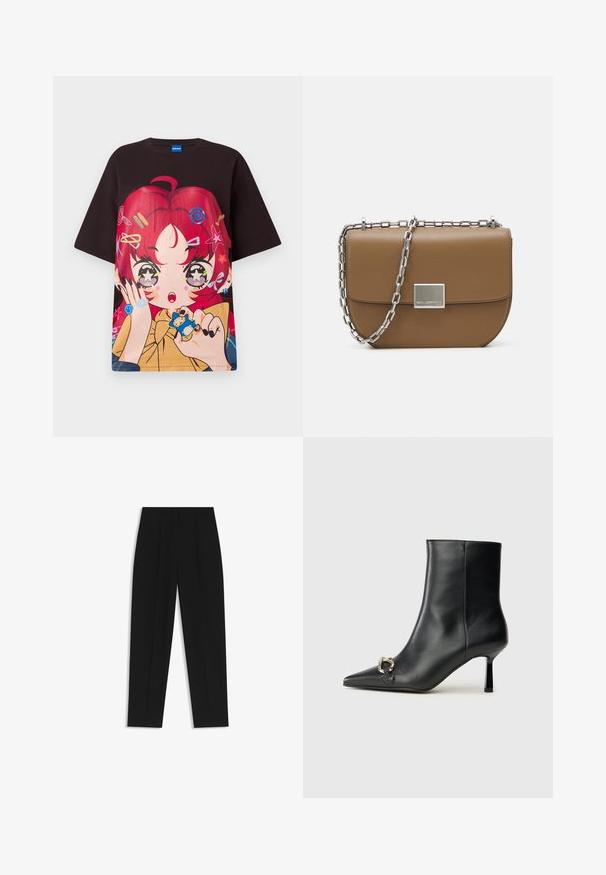 Black oversized t-shirt featuring a vibrant graphic of a character with red hair, stars, and colorful accessories. Short sleeves, crew neck.; Black trousers with a straight fit, featuring double pleats, a smooth texture, and a classic waistband design. No visible hardware or accents.; Black leather ankle boot with pointed toe, slim mid-height heel, and silver buckle detail on side against plain background.; Brown leather crossbody bag with a curved shape, silver chain strap, and a square metallic clasp detail on the front.