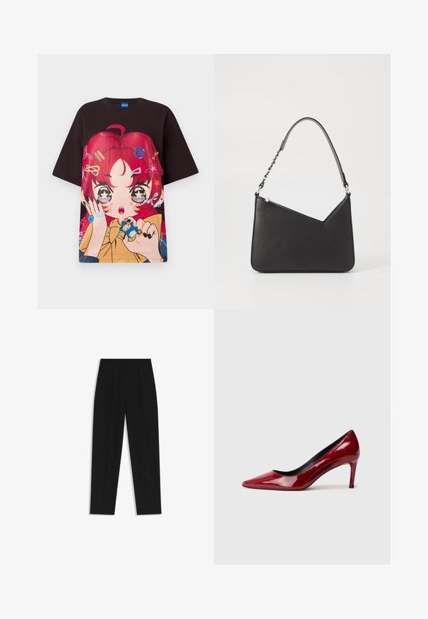 Czarny, oversize t-shirt z wyrazistą grafiką postaci z czerwonymi włosami, gwiazdami i kolorowymi dodatkami. Krótkie rękawy, okrągły dekolt.; Czarne spodnie o prostym kroju, z podwójnymi zakładkami, gładką teksturą i klasycznym krojem w talii. Bez widocznych elementów metalowych ani akcentów.; Czerwone lakierowane szpilki z wydłużonym noskiem i smukłym obcasem. Gładka textura z błyszczącym wykończeniem i czarną podszewką wewnętrzną.; Czarna skórzana torebka o trójkątnym kształcie, z cienkim paskiem i srebrnymi elementami. Posiada zamek błyskawiczny oraz wytłoczone logo z przodu.