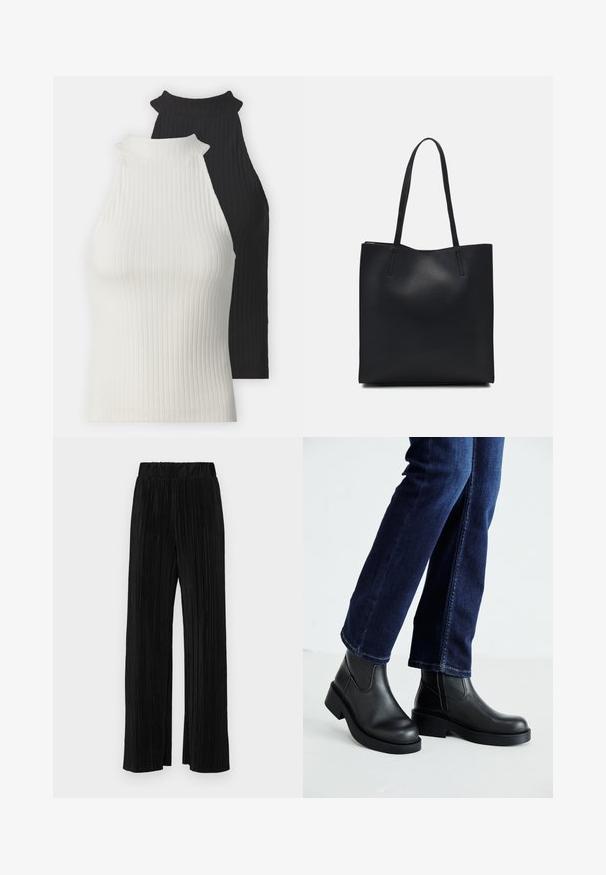 Csíkozott pánt nélküli felsők fekete és fehér színben. Magas nyakkivágással és feszes szabással rendelkeznek. Simább textúra kontrasztos színekkel és minimális díszítésekkel.; Fekete pliszírozott nadrág gumis derekkal. Széles lábakkal rendelkezik, sima, texturált anyagból készült, függőleges csíkokkal.; Fekete bőr bokacsizma vastag talppal és oldalán elnyújtott elasztikus betétekkel, sötétkék farmerral párosítva. A talaj világos színű.; Fekete bőrtáska sima felszínnel, téglalap alakú, két hosszú füllel. Nincs látható fémkiegészítő vagy díszítés.