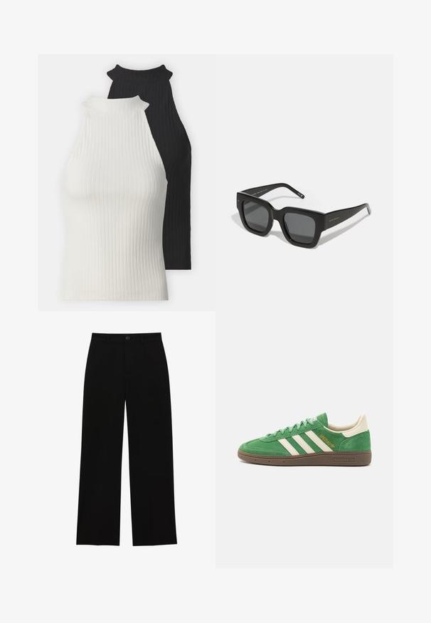 Randiga halterneck-toppar i svart och vitt. Har hög halsringning och figursydda former. Slät textur med kontrasterande färger och minimal dekoration.; Svarta, högmidjade wide-leg byxor i ett slätt tyg, med platt front, knappstängning och utan synliga fickor.; Grön mocka-sneaker med vit tre-radig design, krämiga accenter och brun texturerad sula. "SPEZIAL" broderat i guld på sidan.; Svarta fyrkantiga solglasögon med mörka linser, tjock plastbåge och eleganta skalmar. Har diskret branding på sidan.; Svart faux-krokodil läderhandväska med en strukturerad design, gyllene detaljer, ett handtag på toppen och ett magnetiskt lock.