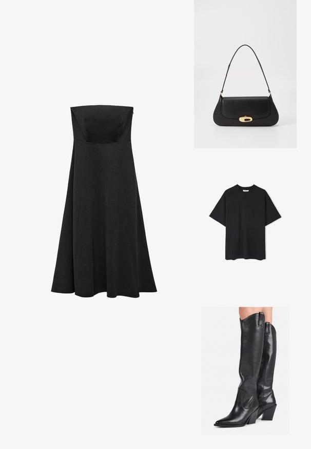 Zwarte katoenen t-shirt met korte mouwen, ronde hals en zijsplitten aan de zoom. Eenvoudig ontwerp, geen zichtbare patronen of versieringen.; Zwarte strapless jurk met een aansluitend lijfje en een uitlopende, lange rok. Gemaakt van gladde stof zonder zichtbare patronen of accenten.; Zwarte leren kniehoge laarzen met een spitse neus, gebogen schacht en chunky hak. Heeft een gladde textuur en aantrekriempjes aan de bovenkant.; Zwarte leren handtas met een gebogen ontwerp, goudkleurige accenten en een bovenhandvat. Heeft een strakke sluiting en een gladde textuur.