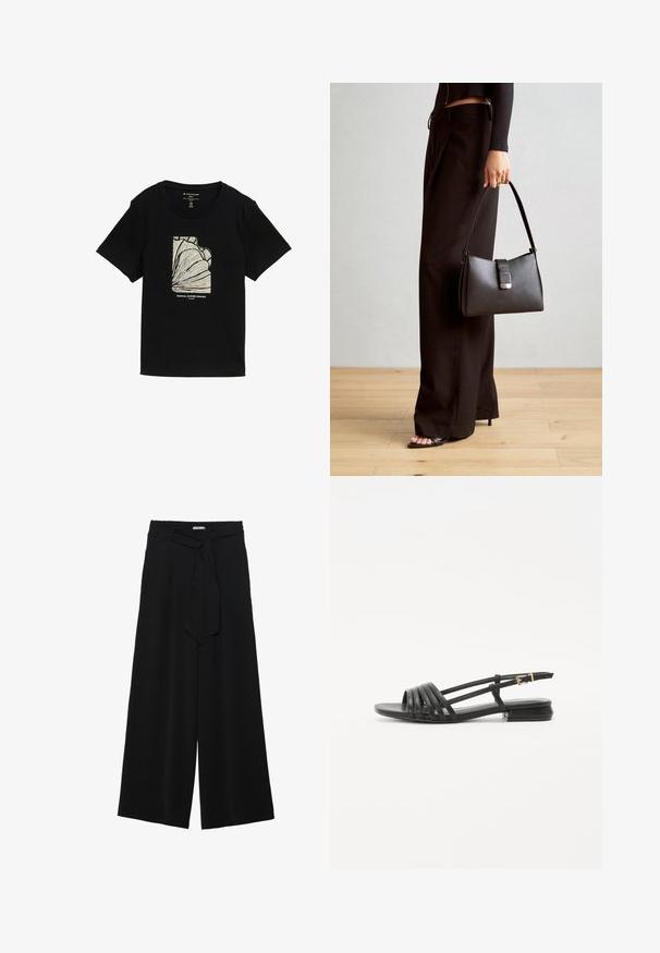 Čierne tričko s krátkym rukávom s krémovou grafikou znázorňujúcou liniovú kresbu a textom "TROPICKÝ LETNÝ RÁJ" nižšie.; Čierne široké nohavice s textúrovanou tkaninou, elastickým pásom a odnímateľným viazaním na páse pre nastaviteľné priliehanie.; Čierne ploché sandále so šnurovacím dizajnom, obsahujúce viaceré kožené pásiky a tenký remienok na členku. Podrážka je plochá a obdĺžniková.; Čierna kabelka so štruktúrovaným tvarom, hladkou textúrou a kovovou sponou. V kombinácii so širokými čiernymi nohavicami a sandálmi s otvorenou špičkou na drevenej podlahe.