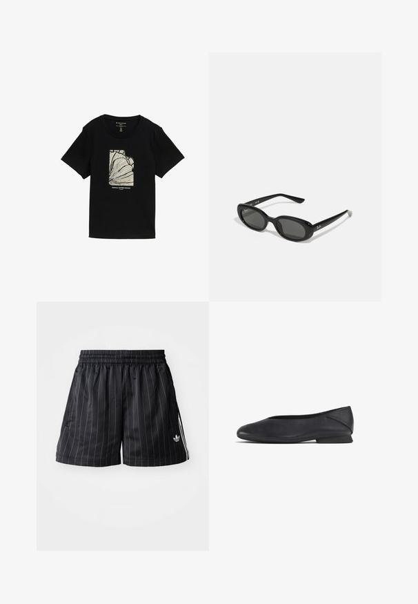 Svart t-shirt med kort ärm som har en krämfärgad grafik med linjeteckning och texten "TROPICAL SUMMER PARADISE" nedanför.; Svarta sportshorts med vita vertikala ränder, elastisk midja och sidofickor. Har en logotyp i vitt nere till vänster.; Svarta läderskor med låg klack och rund tå, designade för både avslappnad och formell användning.; Svarta solglasögon med ovala linser, glansigt plastbåge och smala armar. Har Ray-Ban-logotypen i vitt på sidan.; DRAGON DIFFUSION SANTA CROCE BIG - Handväska - black; Silver ring med en slät, böjd design och en stjärndetalj. Modell som bär en grön sweatshirt med gul text, händerna nära halsen.