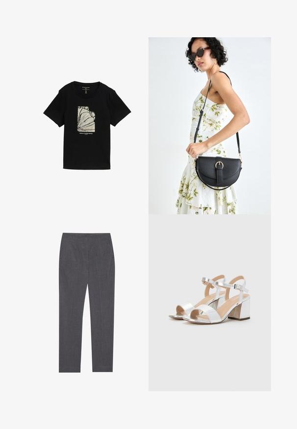 Schwarzes T-Shirt mit kurzen Ärmeln, das ein cremefarbenes Grafikdesign mit Linienkunst und dem Text "TROPICAL SUMMER PARADISE" darunter zeigt.; Grau maßgeschneiderte Hose aus einem strukturierten Stoff mit seitlichen Taschen und einem geraden Beinanschnitt sowie einem glatten Bund.; Silberne High-Heels Sandalen mit offenen Zehen, ausgestattet mit zwei breiten Riemen und einem abgerundeten Blockabsatz. Glatte Textur mit metallic Finish.; Schwarze Lederhandtasche mit geschwungener Form, abnehmbarem Tragegurt und goldenen Beschlägen. Die Tasche verfügt über einen Deckel mit einer Schnallen-Details.