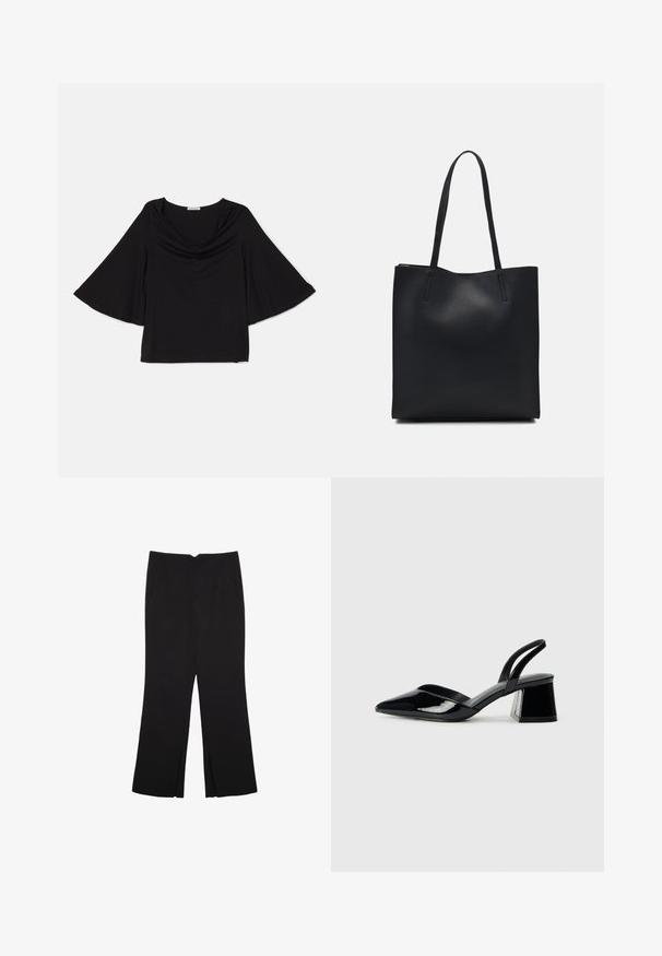 Črna majica z širokimi, prosto padajočimi rokavi. Ima širok izrez in sproščen kroj. Narejena je iz mehkega, lahkotnega materiala. Brez vzorcev ali dodatkov.; Črne hlače ravnega kroja z naglavnimi žepi in stranskimi razporki na robu. Narejene iz mehke, gladke tkanine. Primerne za različne priložnosti.; Črne lakirane slingback pete s koničastim nosom in geometrijsko blokasto peto. Imajo eleganten, minimalističen dizajn in gladko teksturo.; Črna usnjena torba s svilnato teksturo, pravokotne oblike in dvema dolgima ročajema. Brez vidnih metalnih delov ali okrasnih elementov.