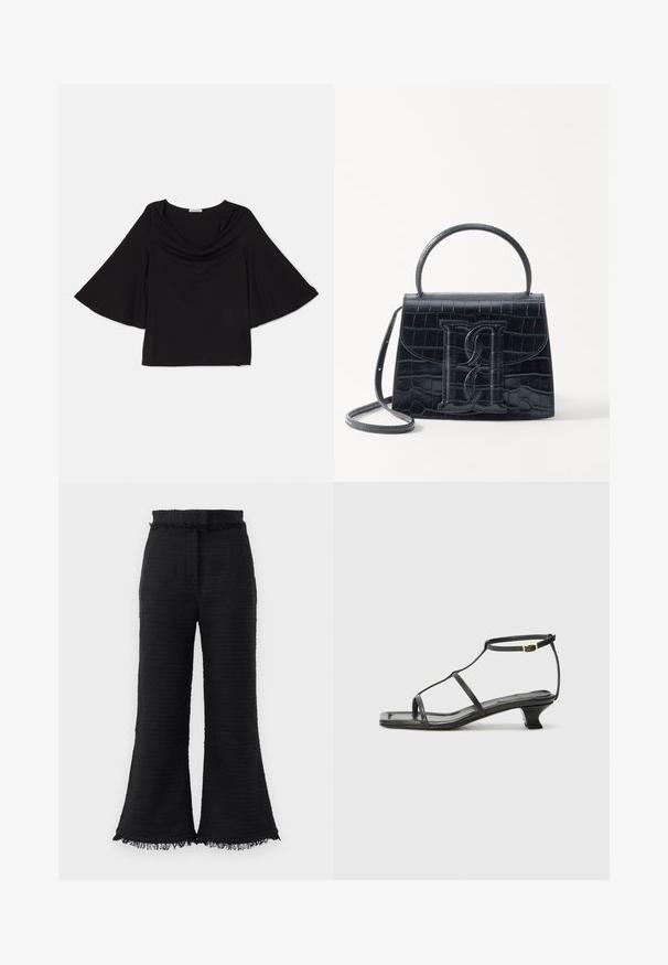 Juodas viršus su plačiomis, laisvai krentančiomis rankovėmis. Turi apykaklę su gaubtu ir atsipalaidavusią siluetą. Pagamintas iš minkštos, lengvos medžiagos. Be raštų ar akcentų.; Juodos platus kojų kelnės su tekstūruotu audiniu, suplėšytais kraštais ir elastinga juosmens juosta. Dizainas pasižymi lygiu finišu ir laisvu siluetu.; Juodas odinis sandalai su kvadratiniu pirštu, plonomis dirželiais, reguliuojamu kulkšnies dirželiu ir žemu kulnu. Yra nedidelis aukso akcentas ant dirželio.; Juodas krokodilo rašto odinis rankinės krepšys su struktūruotu dizainu, viršutine rankena, reguliuojamu dirželiu ir išsiskiriančiu priekinio logo detale.