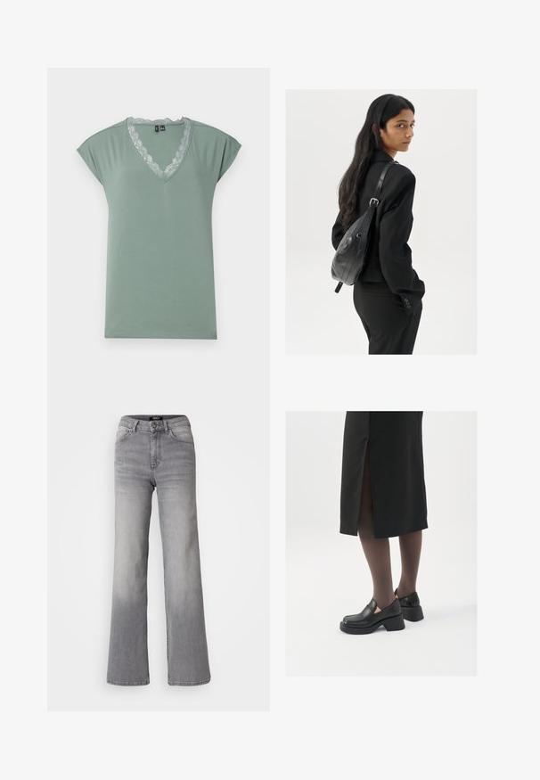 Hellgrünes V-Ausschnitt-T-Shirt aus weichem Stoff, mit Spitzenbesatz entlang des Ausschnitts, kurzen Flügelärmeln und einer lockeren Passform.; Hochtaillierte graue Denim-Jeans mit geradem Bein, Frontknopf und Reißverschluss, Vorder- und Gesäßtaschen sowie ausgewaschenen Schattierungen an Oberschenkeln und Waden.; Schwarze Lederschuhe mit abgerundetem Zeh, dicker Blockabsatz und elastischen seitlichen Akzenten, kombiniert mit dunklen Strumpfhosen und einem schwarzen Rock mit Schlitz.; Frau mit langen dunklen Haaren, die einen schwarzen Anzug trägt und eine schwarze Lederschultertasche hält, schaut über ihre Schulter vor einem weißen Hintergrund.