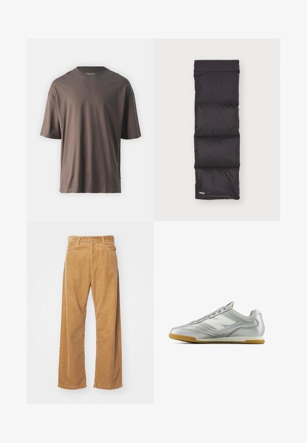 Camiseta de manga corta marrón hecha de algodón. Presenta un cuello redondo y aberturas laterales para mayor comodidad. La etiqueta en el collar dice "JACK & JONES."; Pantalones de pana de pierna ancha en color marrón claro. Presentan costillas verticales texturizadas, con una cinturilla estándar y dos bolsillos frontales.; Zapatilla deportiva plateada con una superficie suave y brillante, logotipo blanco en el lateral, cordones texturizados en gris y suela de goma.; Saco de dormir negro acolchado con una textura suave y brillante. Presenta tres secciones horizontales y un pequeño logo "700" en el borde inferior.