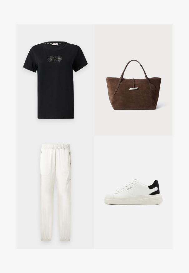 Zwarte kortarm T-shirt gemaakt van katoen, met een ronde halslijn en een strass-logo-accent in het midden. Soepele textuur, casual pasvorm.; Lichtgekleurde joggers met een elastische tailleband, taps toelopende boorden, zijzakken en ritssluitingen. Gladde, licht glanzende stofafwerking.; Witte leren sneakers met een dikke witte zool, zwarte suède hielaccent en een geperst logo op de zijkant. Vetersluiting met zes oogjes.; Bruine suede tote bag met twee zachte handvatten, een verticale band met een zilveren accent en een brede, open bovenkant. Gladde textuur, minimalistisch ontwerp.