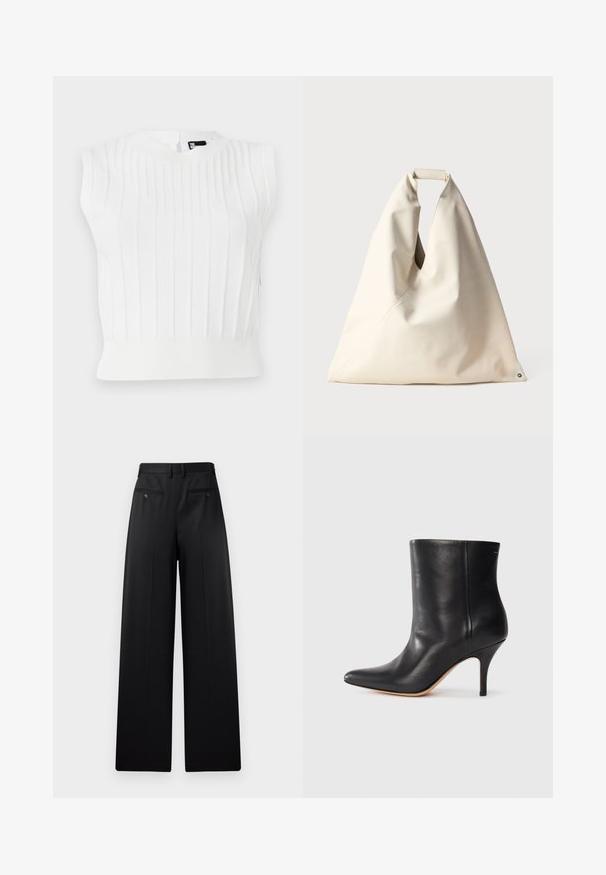 Valge kootud särk ilma varrukateta, millel on vertikaalne sooneline tekstuur, ümmargune kaelus ja sobiv äär. Sisaldab väikest tagumist sulgemise detaili.; Mustad lai jalad, millel on lamedad eesmine osa, kaks tagumist taskut nupuga ja sile tekstuur. Kohandatud disain otse lõikega.; Must musta jalatsid terava ninaga, õhukese stiletto kontsaga ja siledast nahast. Minimalistlik disain ilma nähtava riistvarata või aksessuaarideta.; Beige, pehmea tekstuuriga kott, millel on ainulaadne keeratud käepide ja diagonaalsed õmblused. Minimalistlik disain ümmarguse aksessuaari ehk detailiga põhjas.