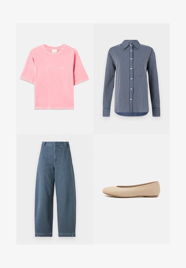 Blød lyserød kortærmet bomulds T-shirt med rund hals og lille hvid "CLOSED" logo på venstre bryst.; Knapp-up skjorte i marineblå og hvide striber, lange ærmer, enkelt brystlomme og klassisk krave, lavet af letvægtsstof.; Læderbukser med bred ben i en lys blå nuance, der har en tekstureret overflade, to frontlommer og holdbar søm ved kanten.; Beige læder balletflade med afrundet tå, minimal sømdetaljering, lav hæl og subtilt logo på bagsiden. Glat, mat tekstur.