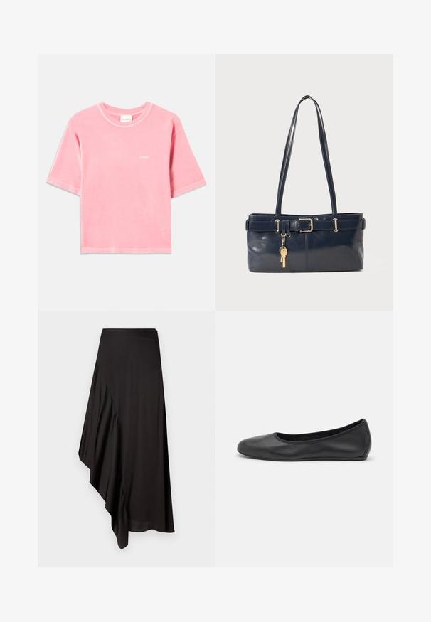 Soft pink short-sleeve cotton T-shirt with a crew neck and small white "CLOSED" logo on the left chest.; AERON ASTER SKIRT - Pencil skirt - black; Black leather ballet flat with a rounded toe, smooth texture, minimal stitching detail, and a flexible sole design.; Navy leather handbag with two long handles, a buckle detail, and a keychain attached. Features a smooth texture and a rectangular shape.