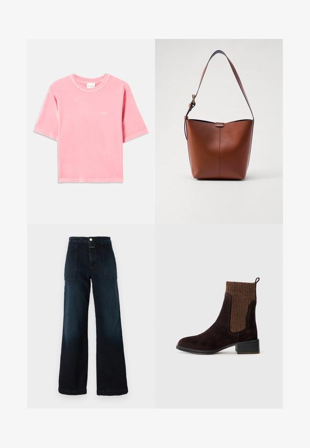 Weiches, rosa T-Shirt aus Baumwolle mit kurzen Ärmeln und Rundhalsausschnitt sowie kleinem weißen "CLOSED"-Logo auf der linken Brust.; Dunkelblaue weit geschnittene Jeans aus Denim mit hoher Taille, Fronttaschen und einem vorderen Knopfverschluss. Glatte Textur mit leichtem Verblassen.; Braune Wildleder-Stiefelette mit einem strukturierten braunen Rippstrick-Obermaterial, glatter Oberfläche, niedrigem Blockabsatz und Zuglasche an der Ferse für einfaches Anziehen.; Braune Leder-Schultertasche mit geschwungener Form, glatter Textur und einem einzelnen dünnen Trageriemen. Verfügt über eine dezente Naht und ein kleines Logodetail.