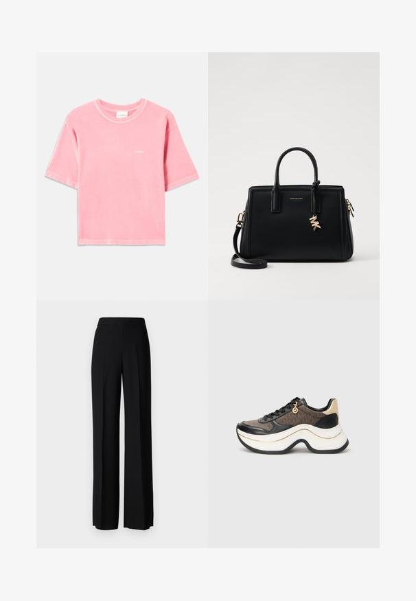 Tricou din bumbac roz moale, cu mânecă scurtă, gât tip crew și un mic logo alb "CLOSED" pe pieptul stâng.; Pantaloni negri cu picioare largi, cu o textură netedă, având o talie înaltă și pliseuri centrale. Fără modele vizibile sau detalii de hardware.; Pantof cu talpă groasă, dintr-un material textil cu model maro, detalii din piele neagră, accente aurii și o talpă albă exagerată cu margine neagră.; Geantă de mână din piele neagră cu un design structurat, mânere superioare duble, curea de umăr detasabilă, accesorii din aur și un pandantiv cu logo.