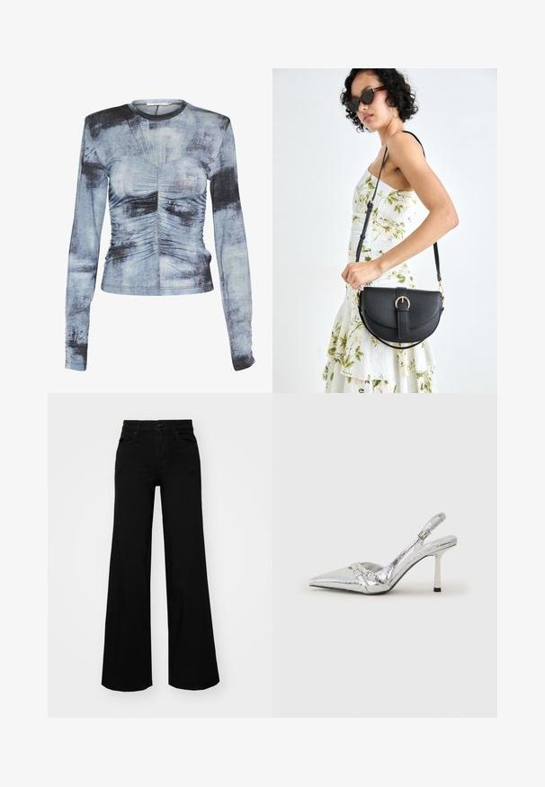 Blusa de mangas longas em padrão de tie-dye azul e preto, com detalhes franzidos no busto e nos lados, feita de um tecido macio e elástico.; Calças largas pretas em denim, com uma cintura estruturada, passantes para cinto e bolsos frontais. Textura suave com um design clássico.; Sapato de salto alto slingback prateado com bico fino, acabamento metálico, duas correias decorativas e um salto esbelto com ponta preta.; Bolsa de couro preta com forma curva, alça destacável e detalhes em dourado. A bolsa possui uma aba com detalhe de fivela.