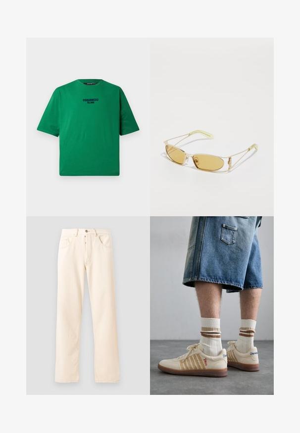 T-shirt verde in cotone, con colletto tondo e maniche corte. Logo nero "DSQUARED2 MILANO" centrato sul davanti.; Jeans in denim beige chiaro con un design a gamba dritta, cinque tasche e chiusura anteriore con bottone. Cuciture visibili lungo le cuciture.; Sneaker retro beige con suola in gomma marrone, dotate di dettagli a righe e loghi ricamati. Indossate con calze bianche e dettagli marroni a righe.; Occhiali da sole con tintura gialla, montatura traslucida dorata, forma rettangolare slanciata e aste angolari con dettagli verde chiaro.