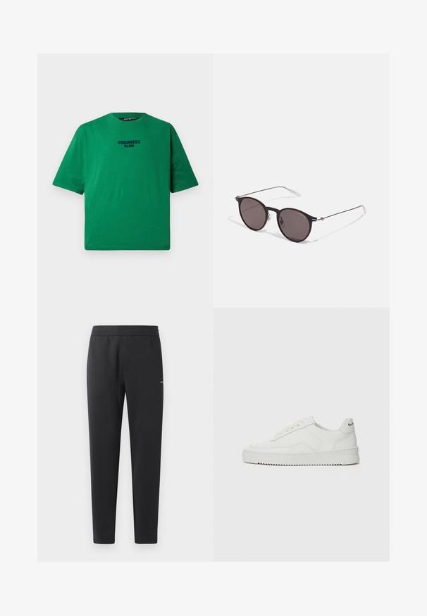 Grüne T-Shirt aus Baumwolle, mit Rundhals und kurzen Ärmeln. Schwarzes "DSQUARED2 MILANO" Logo in der Mitte auf der Vorderseite.; Schwarze Jogginghosen aus weichem Stoff, mit einem elastischen Bund, geraden Beinen und einem kleinen Logodetail an der Seite.; Weiße Ledersneaker mit glatter Oberfläche, runder Zehenpartie, flachen Schnürsenkeln und strukturiertem Sohlenprofil. Mit einem dezenten Logo an der Ferse.; Schwarze runde Sonnenbrille mit dunklen Gläsern und schlanken Metallbügeln. Enthält klare Tempelspitzen und silberne Akzente am Scharnier. Minimalistisches Design.