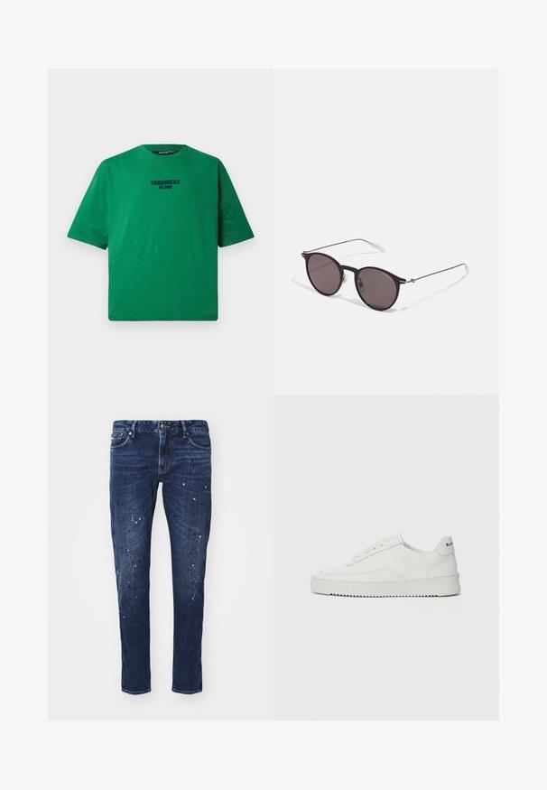 Tricou verde din bumbac, având guler rotund și mâneci scurte. Logo-ul negru "DSQUARED2 MILANO" centrat pe față.; Jeans din denim de culoare albastru închis, cu o croială slim, prezentând stropi de vopsea, cusături vizibile și un design standard cu cinci buzunare. Croială dreaptă a piciorului.; Sneakers din piele albă cu un finisaj neted, vârf rotund, șireturi plate și o talpă texturată. Prezintă un logo subtil pe călcâi.; Ochelari de soare negri rotunzi cu lentile întunecate și brațe metalice subțiri. Include vârfuri transparente pentru brate și accente argintii la balama. Design minimalist.