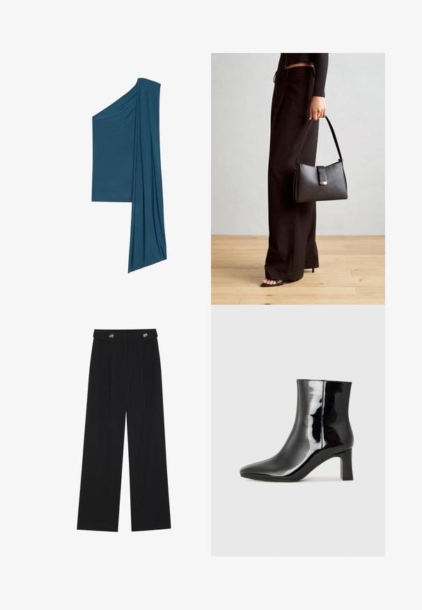 Top asimmetrico di colore teal realizzato in tessuto morbido e leggero. Presenta dettagli drappeggiati su un lato e un orlo dritto sull'altro.; Pantaloni neri a gamba larga con vita alta, dettagli con bottoni in vita e pieghe frontali.; Stivaletto in pelle verniciata nera con punta a punta e tacco a blocco di altezza media. Texture liscia e design minimalista.; Borsa nera con forma strutturata, texture liscia e una chiusura metallica. Abbinata a pantaloni neri larghi e sandali open-toe su un pavimento in legno.