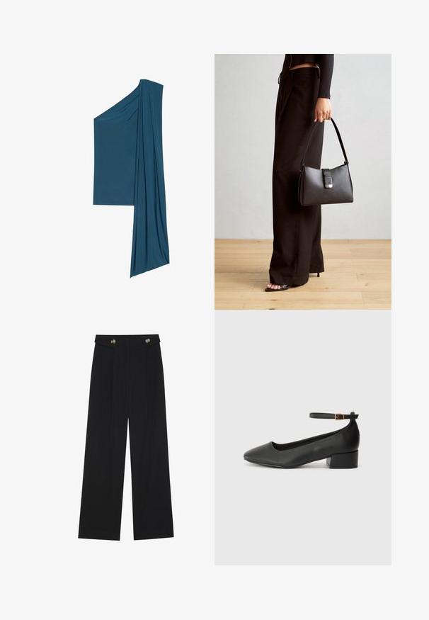 Asymmetrisch teal top gemaakt van zachte, lichte stof. Bevat gedrapeerde details aan de ene kant en een rechte zoom aan de andere kant.; Zwarte wijde broek met hoge taille, knoopdetails op de tailleband en plooien aan de voorkant.; Zwarte leren pump met een spitse neus en een lage blokhak. Beschikt over een enkelband met een goudkleurige gespsluiting. Gladde textuur.; Zwarte handtas met gestructureerde vorm, gladde textuur en een metalen sluiting. Gecombineerd met brede zwarte broeken en sandalen met open teen op een houten vloer.