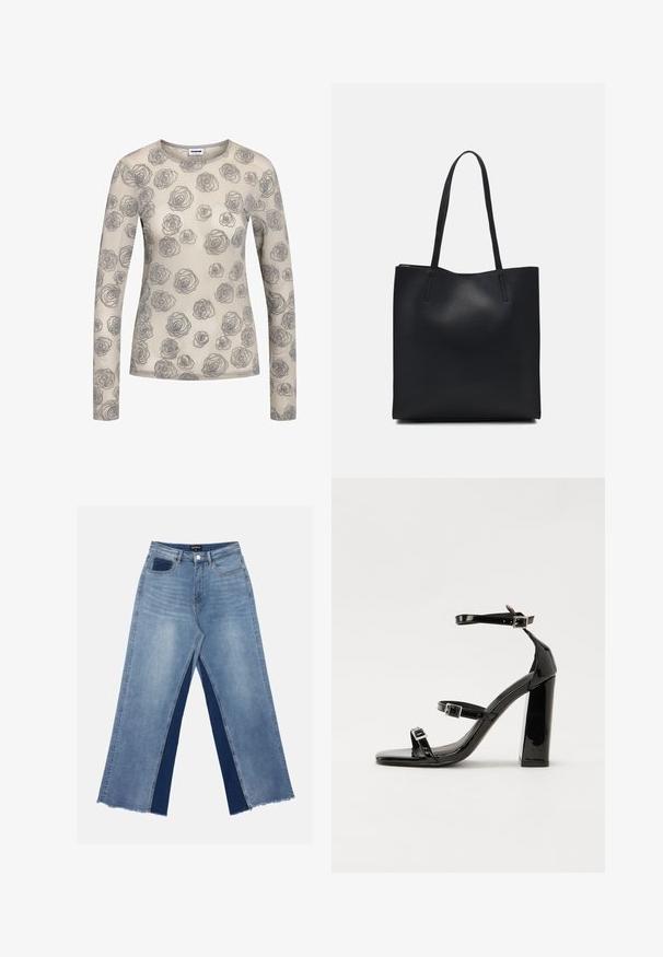 Beige langermet skjorte med et blomstermønster av grå roser. Laget av et lett, gjennomsiktig materiale med rund hals.; Lyseblå vide jeans med kontrasterende mørkeblå paneler, frynset søm og vanlig liv med metallknapp-lukking.; Svart høyglans sandaler med hæl, firkantet tå, ankelremmer og sølvspenner. Har en kraftig blokkhæl for stabilitet.; Svart lær tote bag med glatt tekstur, rektangulær form og to lange håndtak. Ingen synlige deler eller dekorasjoner.