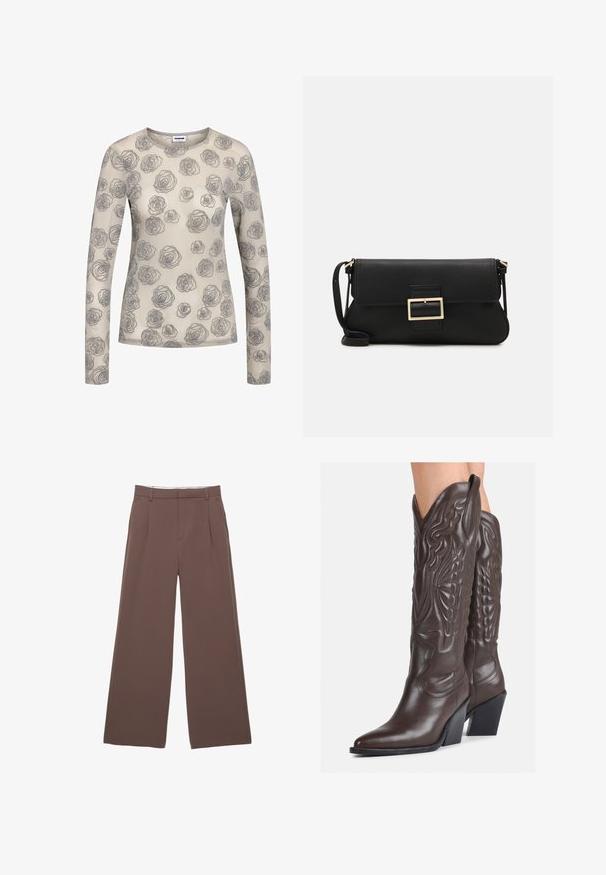 Bežća košulja s dugim rukavima s cvjetnim uzorkom sivih ruža. Izrađena od laganog, prozirnog materijala s okruglim izrezom.; Hlače širokih nogavica od čvrstog smešnog materijala, s glatkom teksturom, prednjim nabora i krojenim pojasom. Bez vidljivih logotipa ili uzoraka.; Smeđe kožne kauboj čizme s šiljastim vrhom i blok-potpeticom, s detaljno izvezenim šavovima i uzdignutim naglascima na okovu.; Crna kožna clutch torbica s preklopom i zlatnim metalnim detaljem kopče. Uključuje crnu trakicu i elegantan, minimalistički dizajn.; Zlatne kružne naušnice, tanke i okrugle, s glatkom metalnom površinom bez ukrasa ili uzoraka.