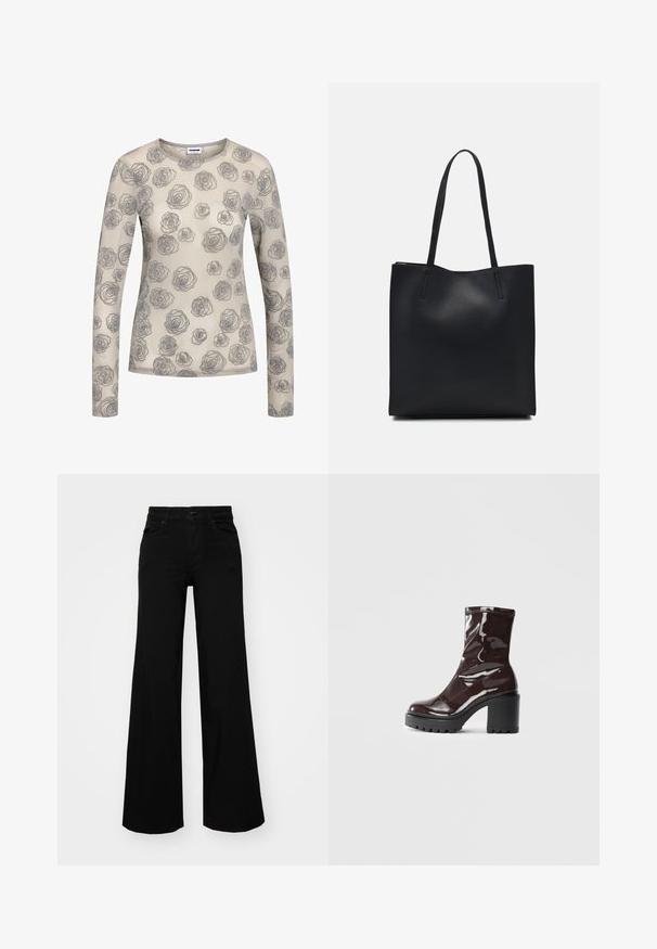 Beige pitkähihaine paita, jossa on harmaiden ruusujen kukkakuosi. Valmistettu kevyestä, läpikuultavasta materiaalista ja pyöreästä kaula-aukosta.; Musta leveälahkeinen farkkupanta, jossa on rakenteellinen vyötärö, vyölenkit ja etutaskut. Sujuva rakenne klassisella muotoilulla.; Satea bordeaux berwarna mengkilap dengan tumit hitam tebal, menampilkan tekstur halus dan desain sederhana. Tanpa pengikat atau pola yang terlihat.; Mustapahkainen kangaskassi, jossa on sileä pinta, suorakaiteen muotoinen ja kaksi pitkää kahvaa. Ei näkyvää metalliosaa tai koristeita.