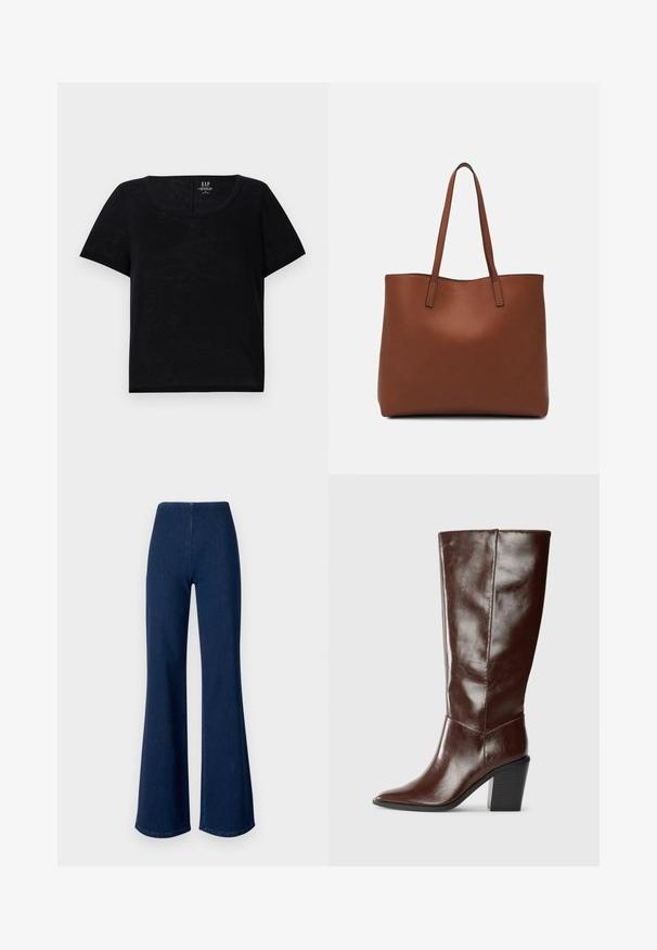 Must have lühikeste varrukatega must T-särk, millel on ümmargune kaelus. Valmistatud kerge kangaga, millel on veidi tekstureeritud pind. Omab vabalt langevat lõiget.; Tumedatest sinistest flöödidest teksad, mis on valmistatud denimist ja neil on elastne vöökoht. Omavad siledat tekstuuri ja laia jala disaini, mis ulatub hemsse.; Kõrge tumepruun nahkne saapas terava varba ja kihilise ploki kontsaga, kujutatud külgvaates ühevärvilisel taustal.; Pruun nahast tote-kott, millel on sile tekstuur, avatud ülaosa disain ja kaks õlarihma. Omab minimaalset õmblust ja nähtavat riistvara ei ole.